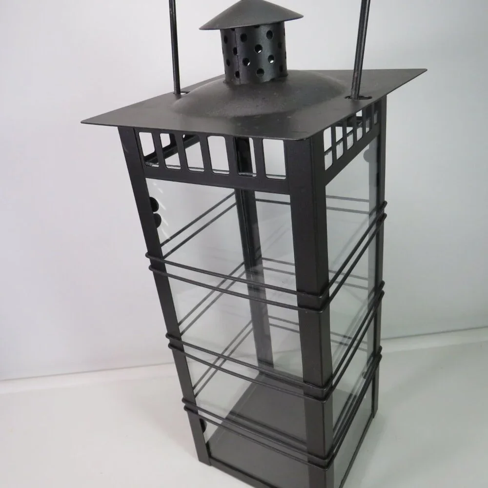 glass metal lantern 18 in tall with battery operated candle, bow and bird